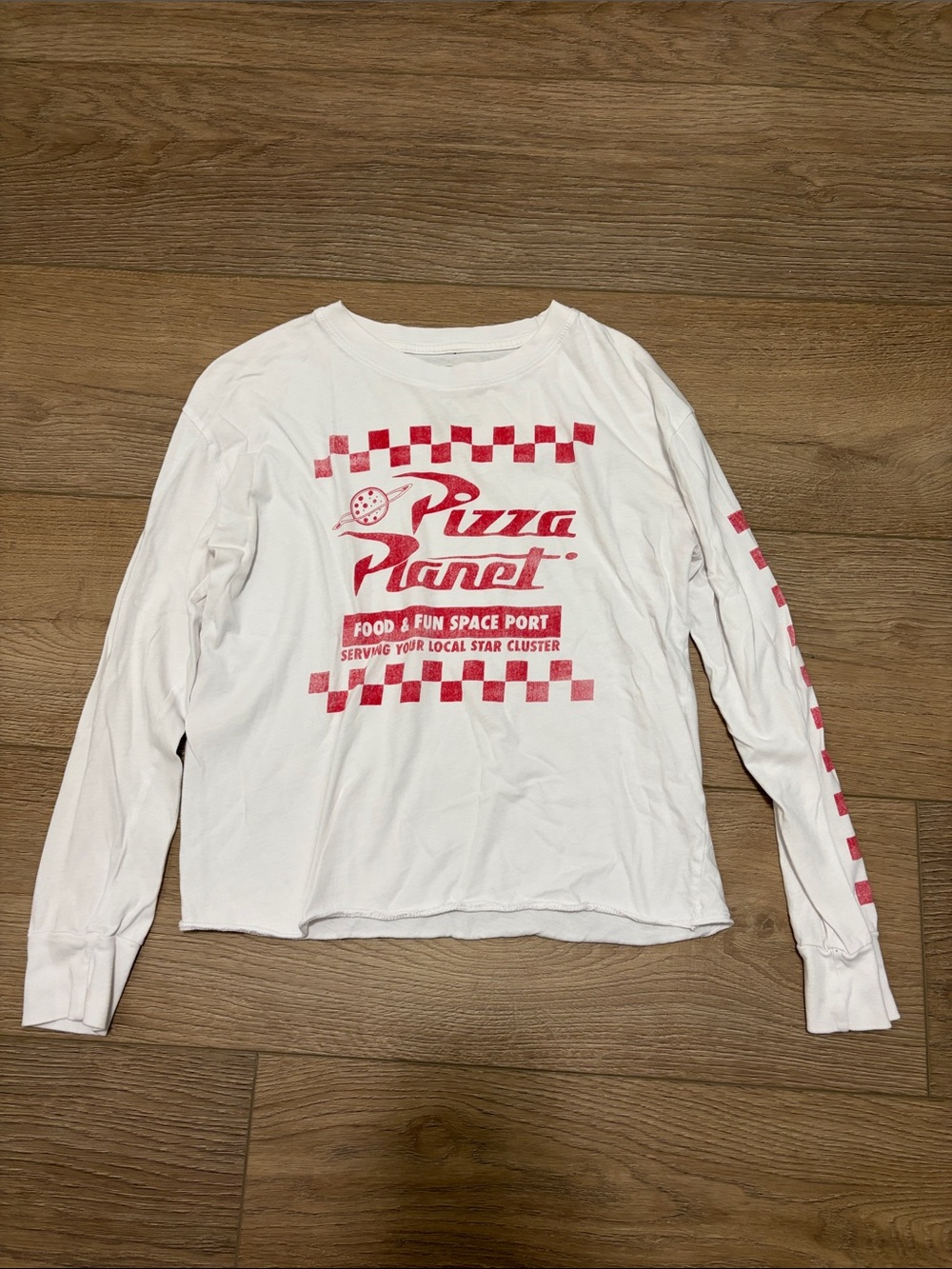 Medium Pizza Planet White Long Sleeve Tee with Red Graphic